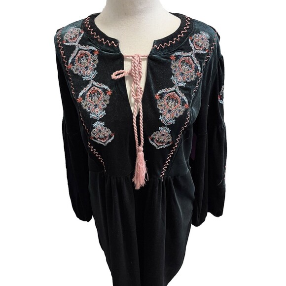 Chelsea & Theodore Shift Dress Womens Medium Green Velvet Embroidered Tassel - Picture 5 of 8